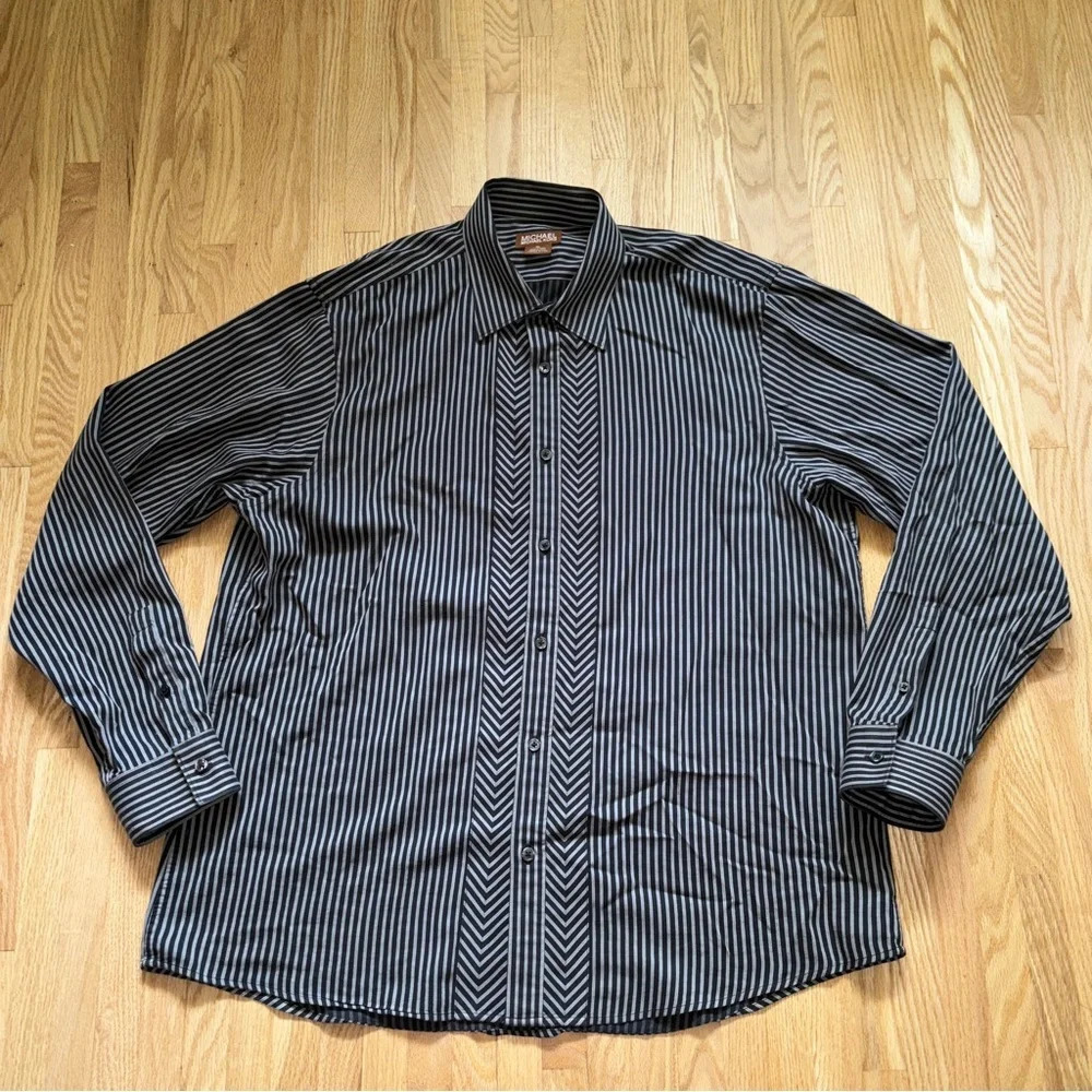 Michael Kors Black and White Striped Button Up Cotton Dress Shirt